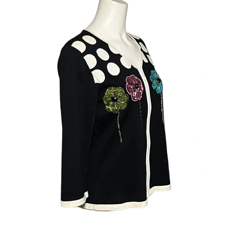 Jack B Quick Vintage Sweater Black Sequin Flower Lightweight Cardigan Size M